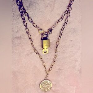 Louis Vuitton LV Padlock and Key on a Stainless Steel Gold Necklace Authentic